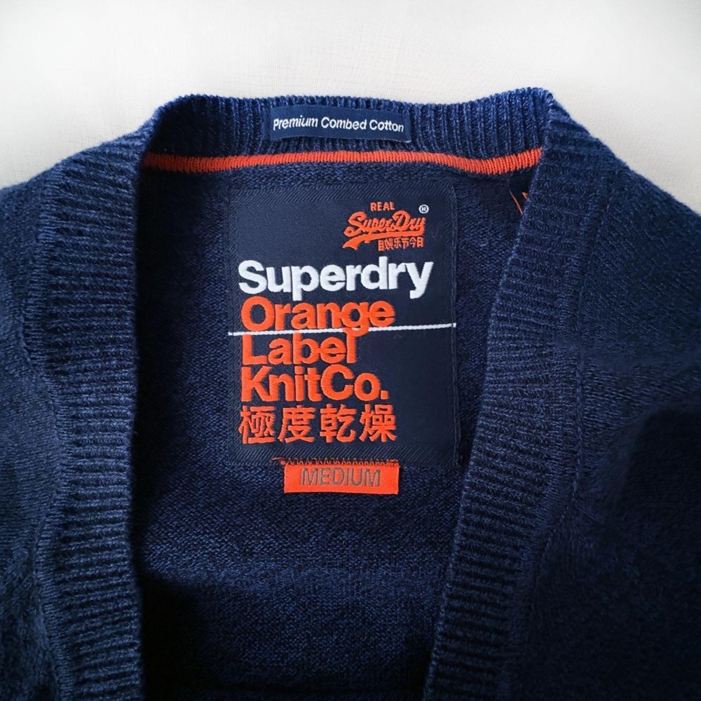 Superdry Orange Label Mens M Navy Marl V-Neck Sweater Combed Cotton - Picture 3 of 6